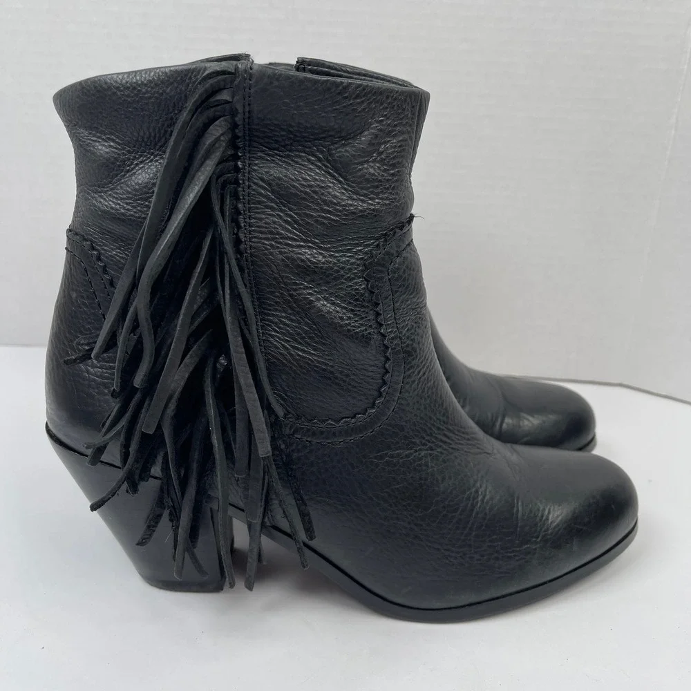 Sam Edelman Louie Fringe Ankle Boots Womens 9.5 Black Leather Western Boho Biker